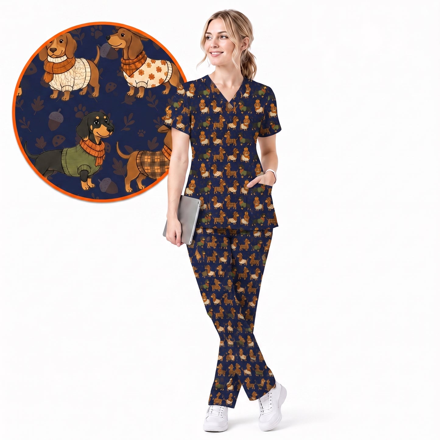 Autumn Dachshund Scrub Top, Cute Fall Wiener Dog Nursing Scrubs for Dog Lovers, Breathable Fabrics Nursing Uniform