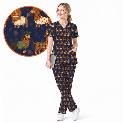 Autumn Dachshund Scrub Top, Cute Fall Wiener Dog Nursing Scrubs for Dog Lovers, Breathable Fabrics Nursing Uniform