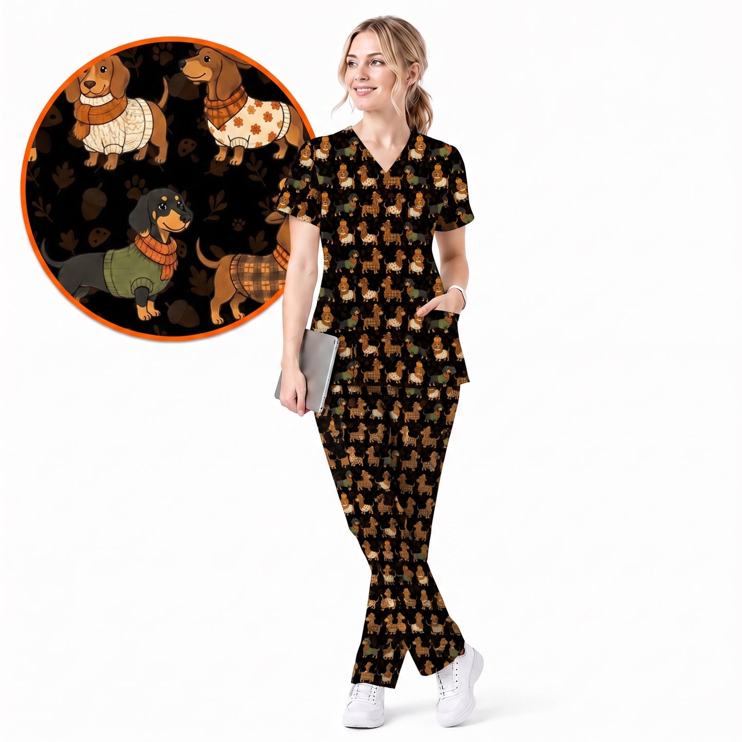 Autumn Dachshund Scrub Top, Cute Fall Wiener Dog Nursing Scrubs for Dog Lovers, Breathable Fabrics Nursing Uniform