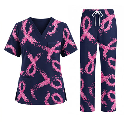 Breast Cancer Nurse Scrub Top, Breast Cancer Medical Pattern Shirt, Breathable Fabrics Nursing Uniform