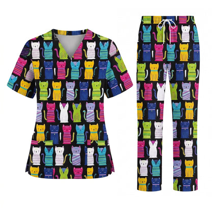 Funny Cat Scrub Top for Women, Cute Rainbow Cats Nursing Uniform, Gift for RN LPN CNA Veterinary Healthcare Professionals