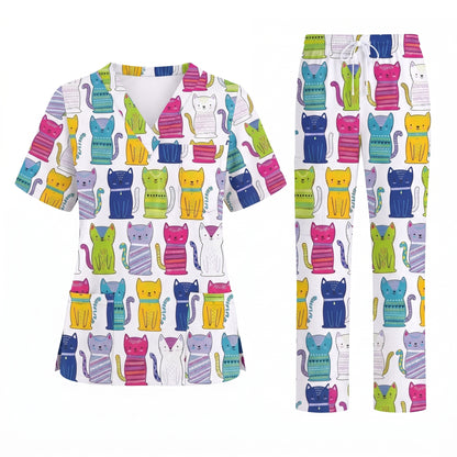 Funny Cat Scrub Top for Women, Cute Rainbow Cats Nursing Uniform, Gift for RN LPN CNA Veterinary Healthcare Professionals