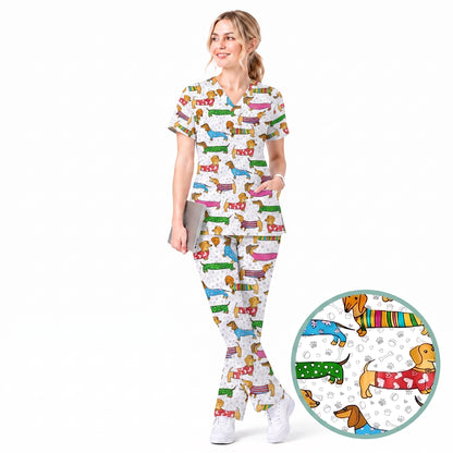 Dachshund Dog Scrub Top, Funny Wiener Dog Scrubs For Nursing, RN LPN CNA Healthcare Workers Gift