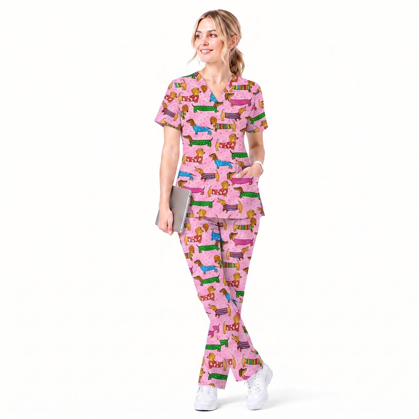 Dachshund Dog Scrub Top, Funny Wiener Dog Scrubs For Nursing, RN LPN CNA Healthcare Workers Gift