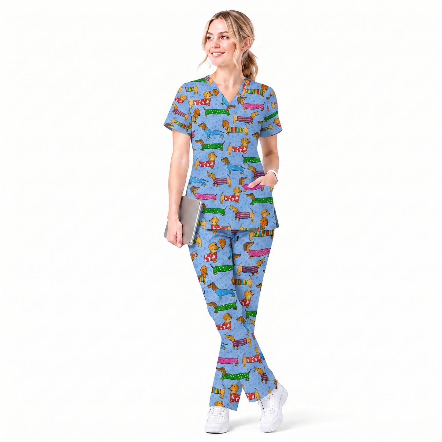 Dachshund Dog Scrub Top, Funny Wiener Dog Scrubs For Nursing, RN LPN CNA Healthcare Workers Gift