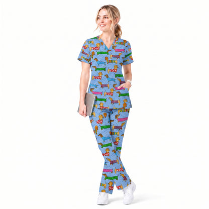 Dachshund Dog Scrub Top, Funny Wiener Dog Scrubs For Nursing, RN LPN CNA Healthcare Workers Gift