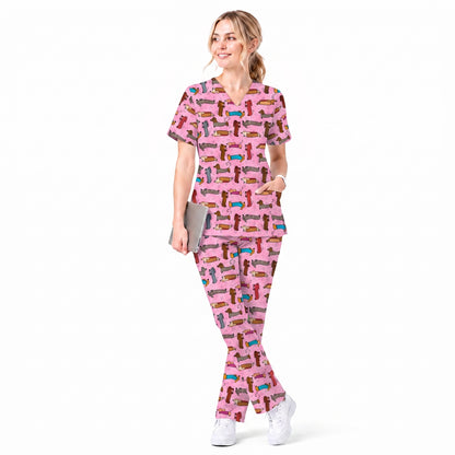 Cute Dachshund Scrub Top for Nurses, Funny Wiener Dog Print Medical Uniform Shirt, Sausage Dog Pattern Veterinary Workwear