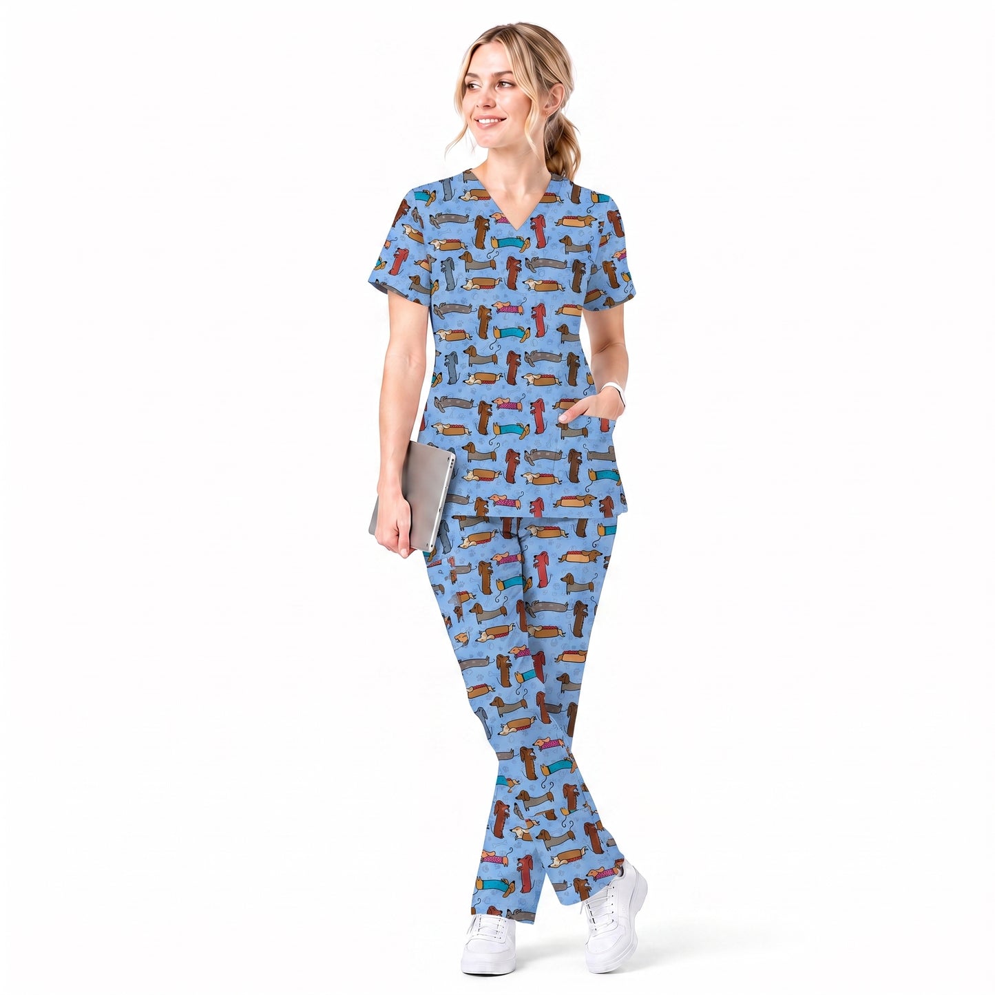 Cute Dachshund Scrub Top for Nurses, Funny Wiener Dog Print Medical Uniform Shirt, Sausage Dog Pattern Veterinary Workwear