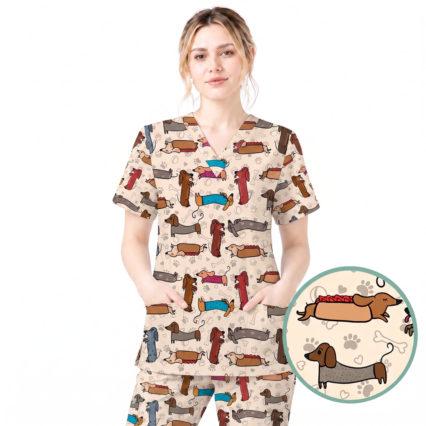 Cute Dachshund Scrub Top for Nurses, Funny Wiener Dog Print Medical Uniform Shirt, Sausage Dog Pattern Veterinary Workwear