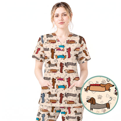 Cute Dachshund Scrub Top for Nurses, Funny Wiener Dog Print Medical Uniform Shirt, Sausage Dog Pattern Veterinary Workwear