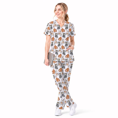Cute Cat Pattern Nurse Scrub Top, Cats Medical Pattern Shirt, Breathable Fabrics Nursing Uniform