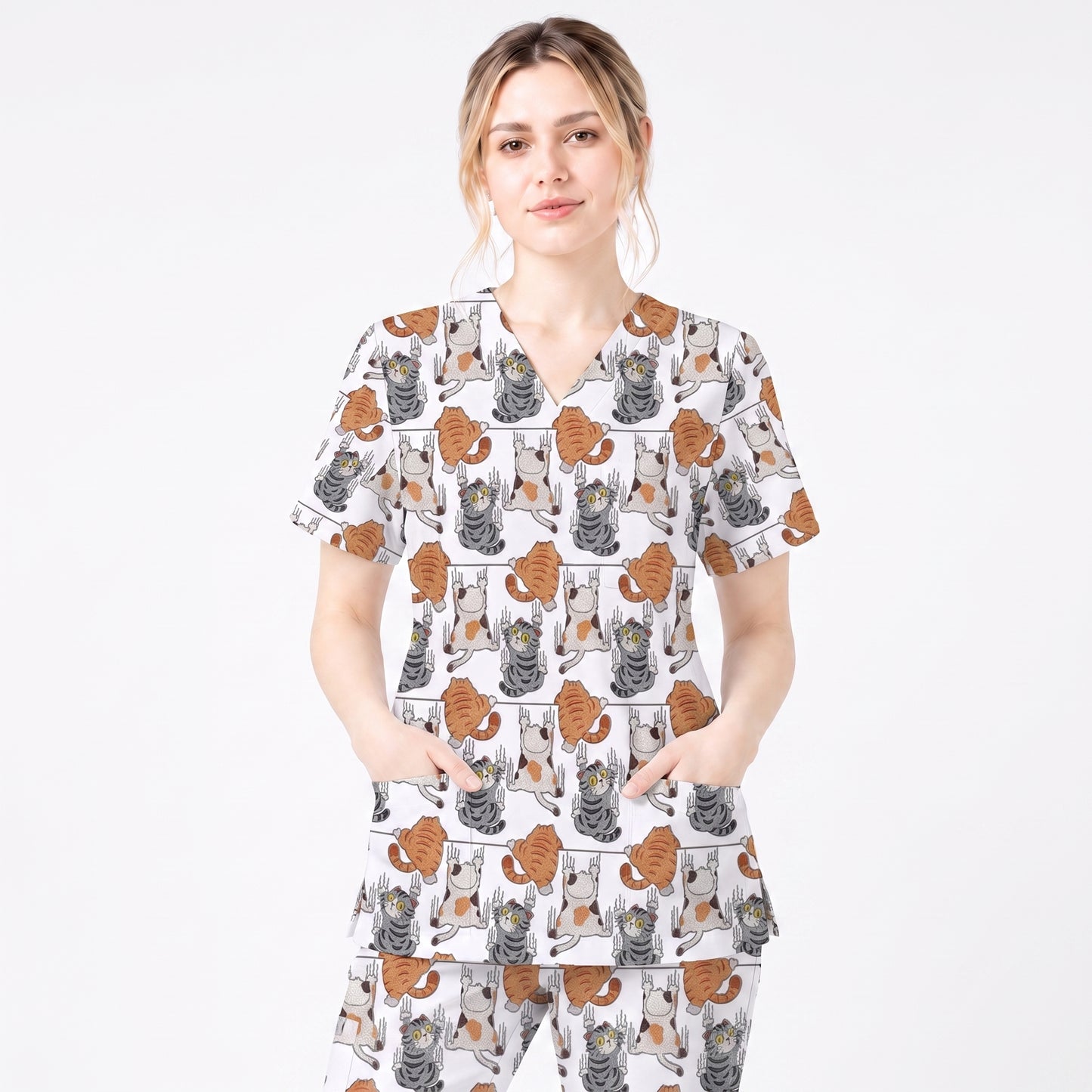 Cute Cat Pattern Nurse Scrub Top, Cats Medical Pattern Shirt, Breathable Fabrics Nursing Uniform