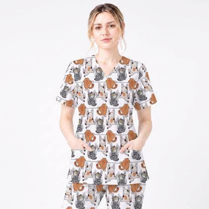 Cute Cat Pattern Nurse Scrub Top, Cats Medical Pattern Shirt, Breathable Fabrics Nursing Uniform