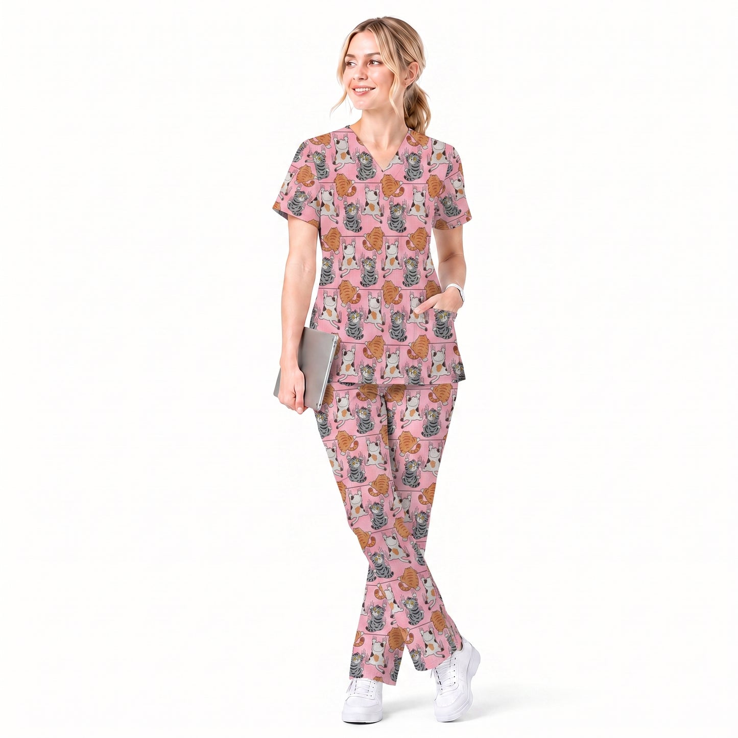 Cute Cat Pattern Nurse Scrub Top, Cats Medical Pattern Shirt, Breathable Fabrics Nursing Uniform