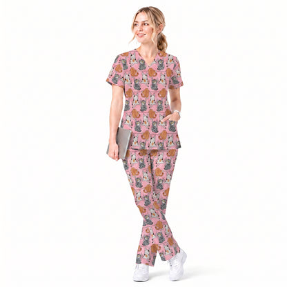 Cute Cat Pattern Nurse Scrub Top, Cats Medical Pattern Shirt, Breathable Fabrics Nursing Uniform