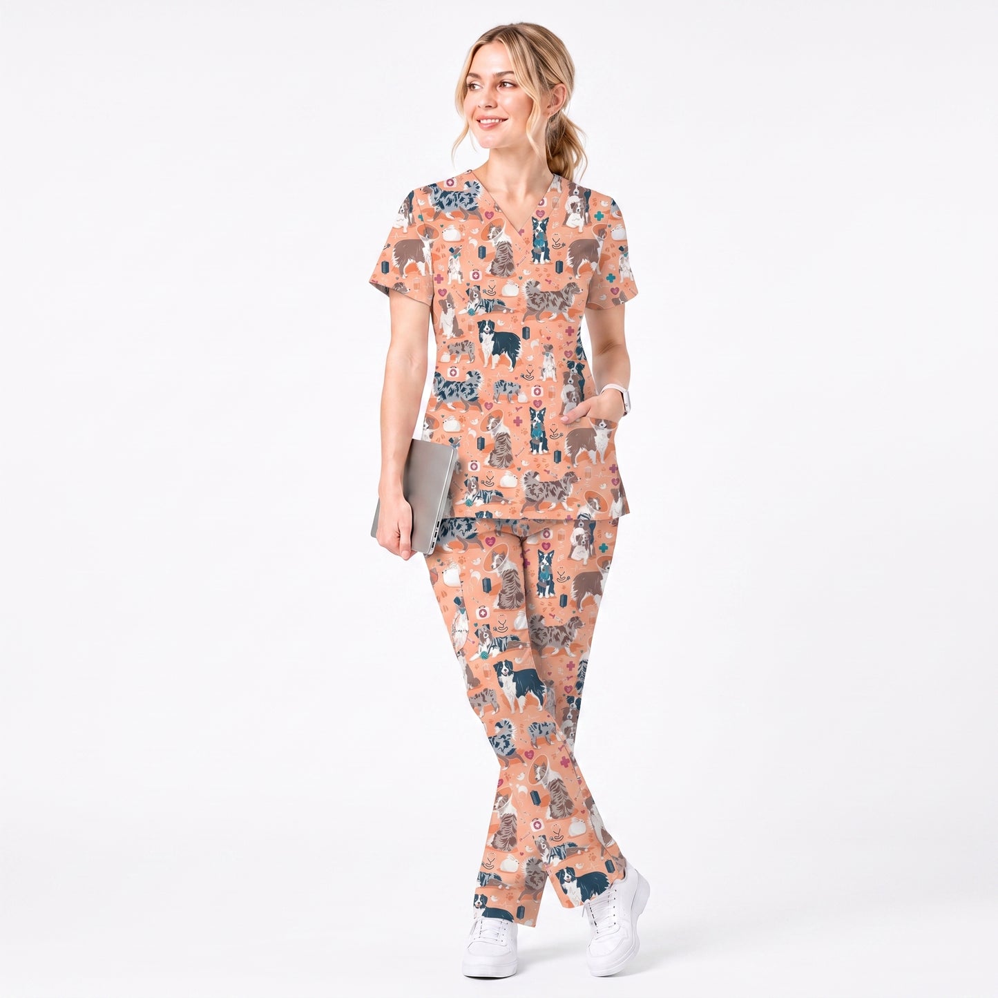 Cute Dog Pattern Veterinary Scrub Top, Breathable Fabrics Nursing Uniform, Gift For Nursing