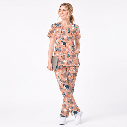 Cute Dog Pattern Veterinary Scrub Top, Breathable Fabrics Nursing Uniform, Gift For Nursing