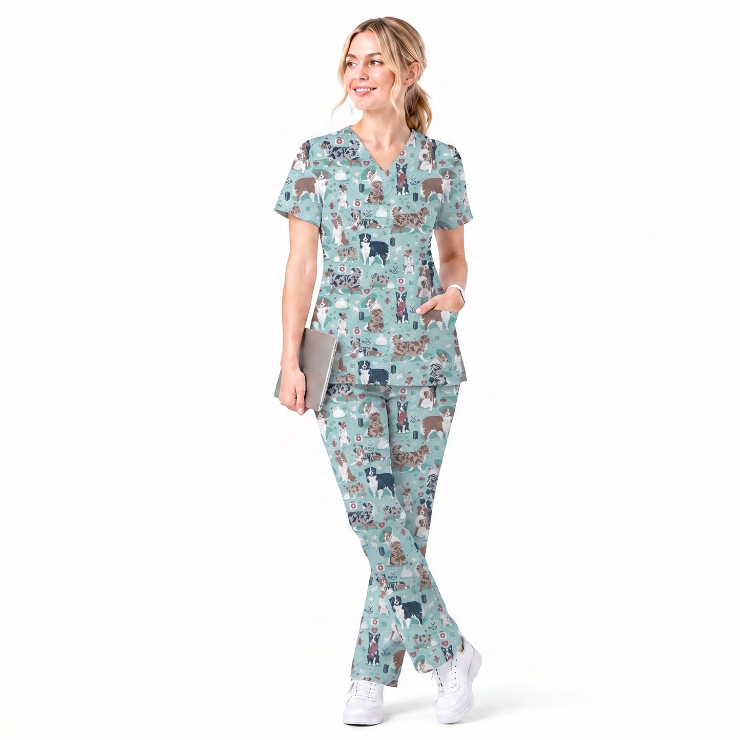Cute Dog Pattern Veterinary Scrub Top, Breathable Fabrics Nursing Uniform, Gift For Nursing