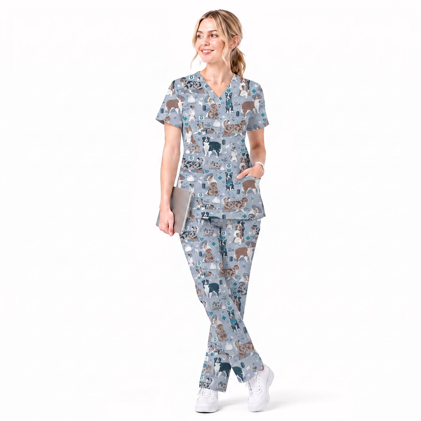 Cute Dog Pattern Veterinary Scrub Top, Breathable Fabrics Nursing Uniform, Gift For Nursing