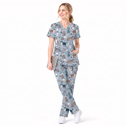 Cute Dog Pattern Veterinary Scrub Top, Breathable Fabrics Nursing Uniform, Gift For Nursing