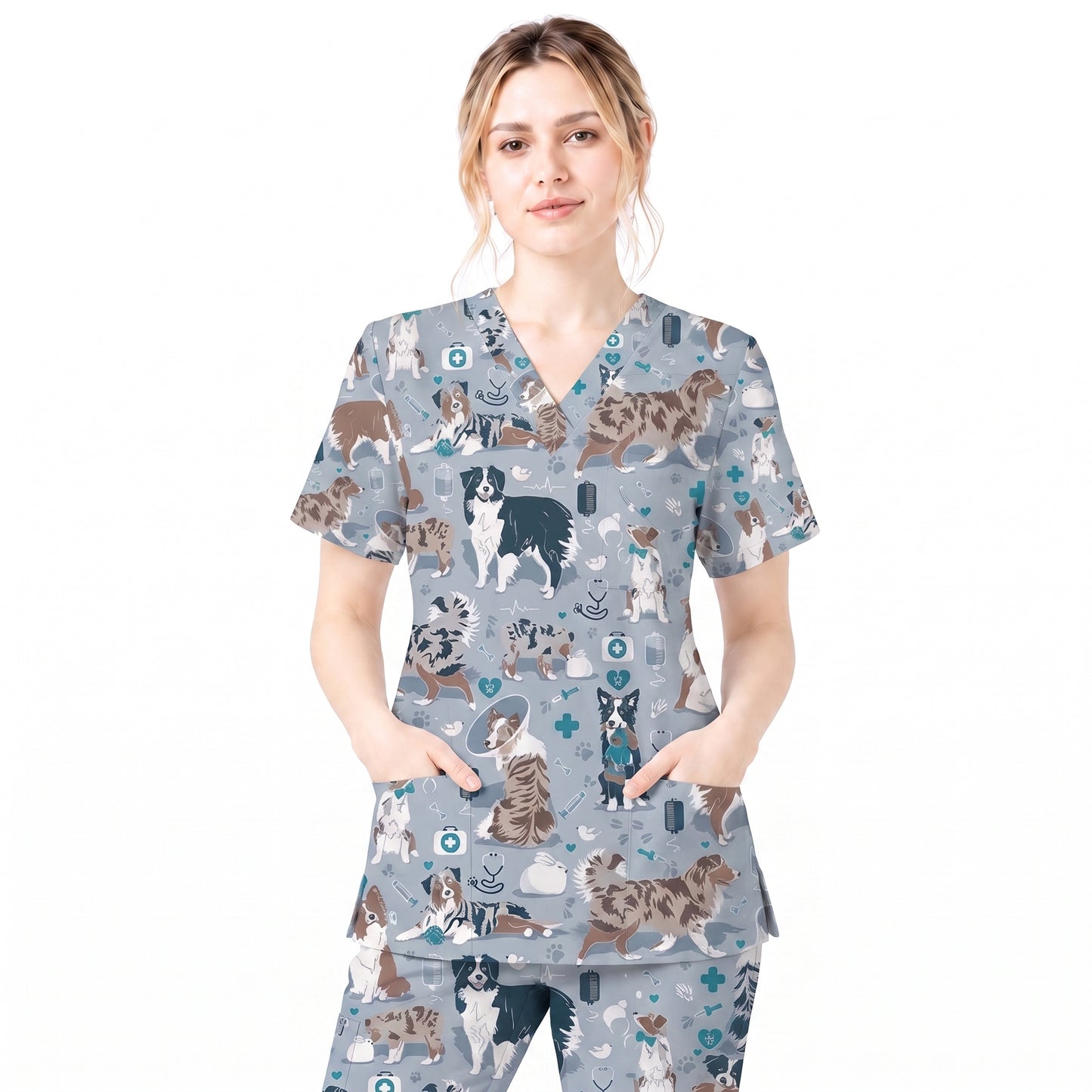 Cute Dog Pattern Veterinary Scrub Top, Breathable Fabrics Nursing Uniform, Gift For Nursing