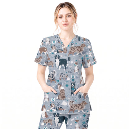 Cute Dog Pattern Veterinary Scrub Top, Breathable Fabrics Nursing Uniform, Gift For Nursing