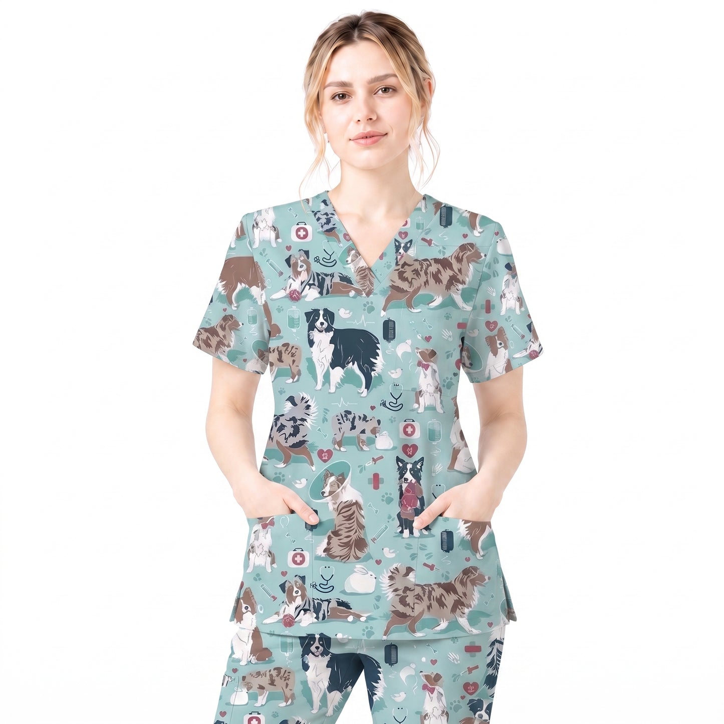 Cute Dog Pattern Veterinary Scrub Top, Breathable Fabrics Nursing Uniform, Gift For Nursing