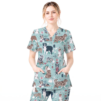 Cute Dog Pattern Veterinary Scrub Top, Breathable Fabrics Nursing Uniform, Gift For Nursing