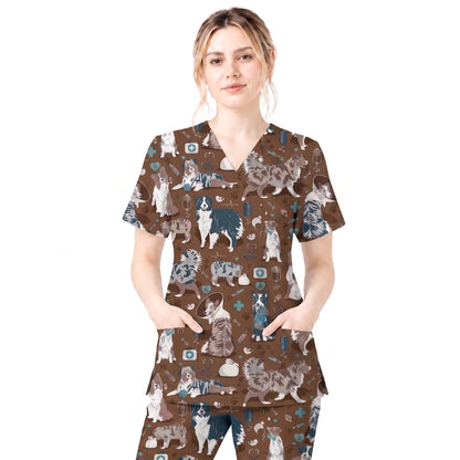 Cute Dog Pattern Veterinary Scrub Top, Breathable Fabrics Nursing Uniform, Gift For Nursing