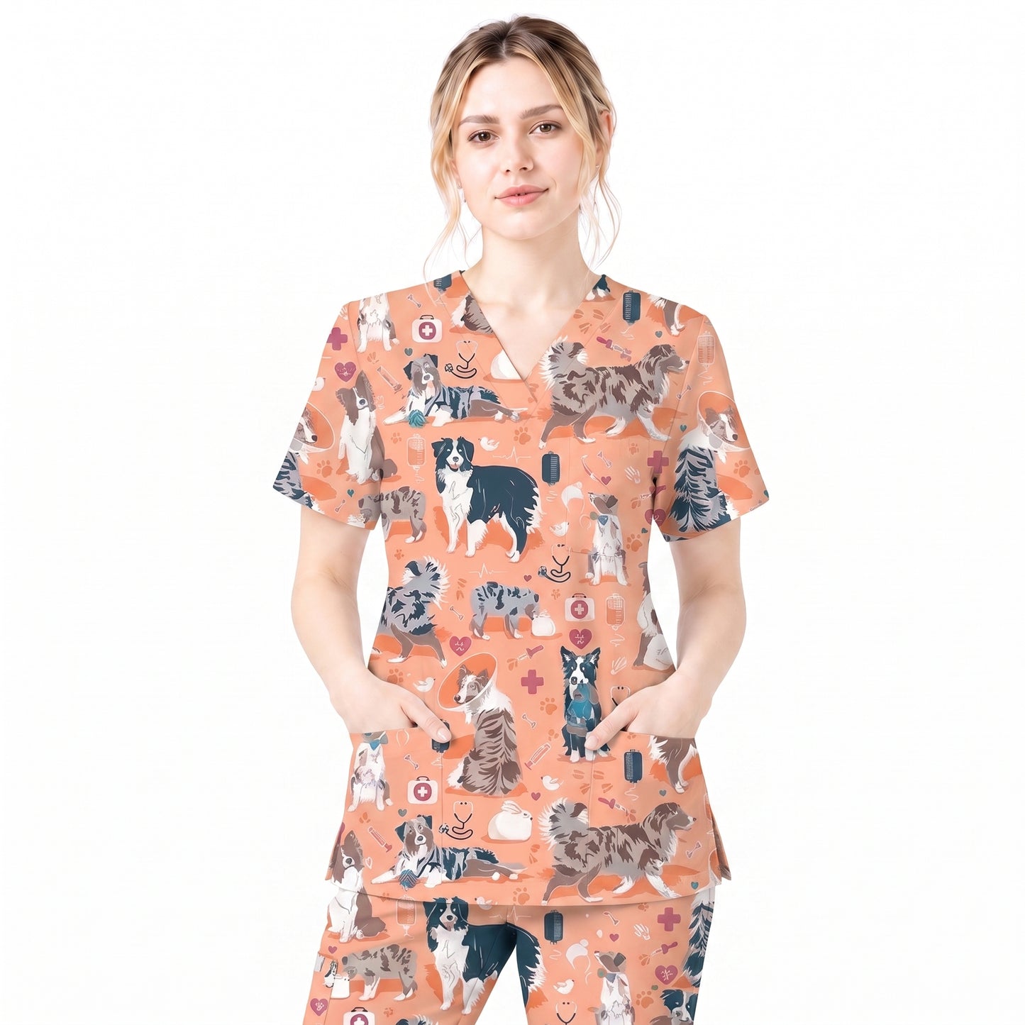 Cute Dog Pattern Veterinary Scrub Top, Breathable Fabrics Nursing Uniform, Gift For Nursing