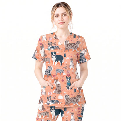 Cute Dog Pattern Veterinary Scrub Top, Breathable Fabrics Nursing Uniform, Gift For Nursing