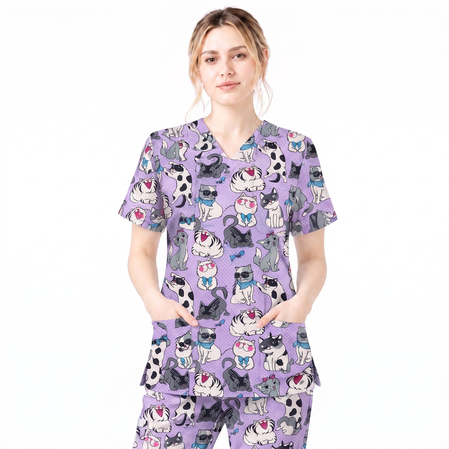 Funny Cat Scrub Top, Cute Cats Scrub Top for Women, Cute Animal Scrubs Gift for Nurse, CNA, RN, Doctor