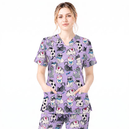 Funny Cat Scrub Top, Cute Cats Scrub Top for Women, Cute Animal Scrubs Gift for Nurse, CNA, RN, Doctor