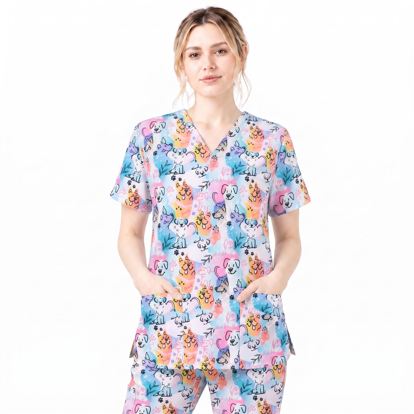Cute Dog Pattern Scrub Top for Women, Colorful Cartoon Dogs Nursing Uniform, Funny Puppy Print Medical Scrub Shirt, Breathable Veterinary & Nurse Scrubs Gift