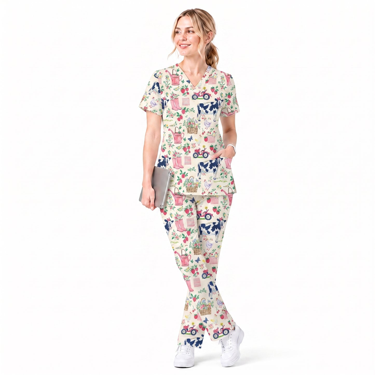 Farm Fresh Scrub Top for Women, Vintage Farm Animals Nursing Uniform, Breathable Medical Scrub Shirt