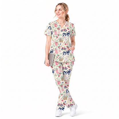 Farm Fresh Scrub Top for Women, Vintage Farm Animals Nursing Uniform, Breathable Medical Scrub Shirt