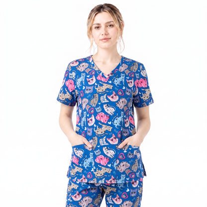 Essence I Love Kitties Scrub Top, Funny Cats Scrub Top for Women, Breathable Fabrics Nursing Uniform