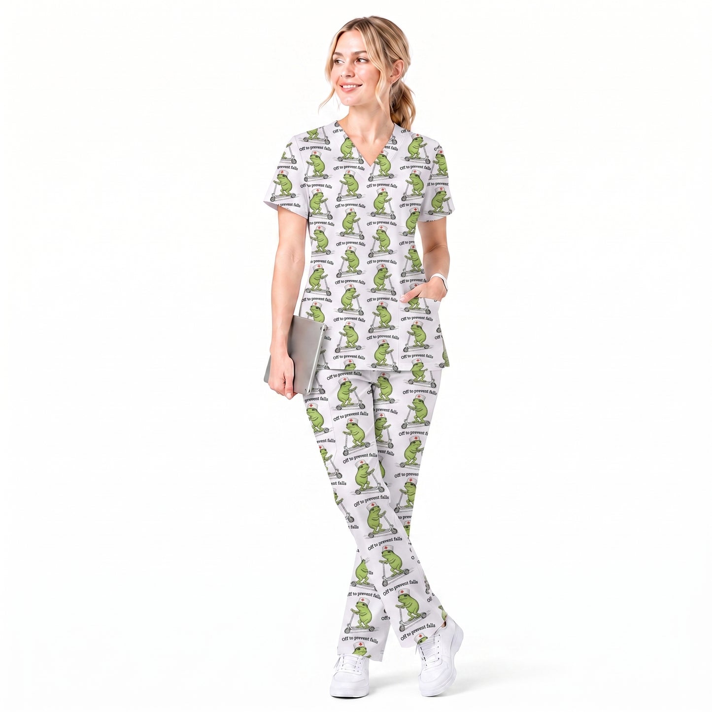 Funny Nurse Scrub Top, Off To Prevent Falls Nursing Shirt, Breathable Fabrics Nursing Uniform