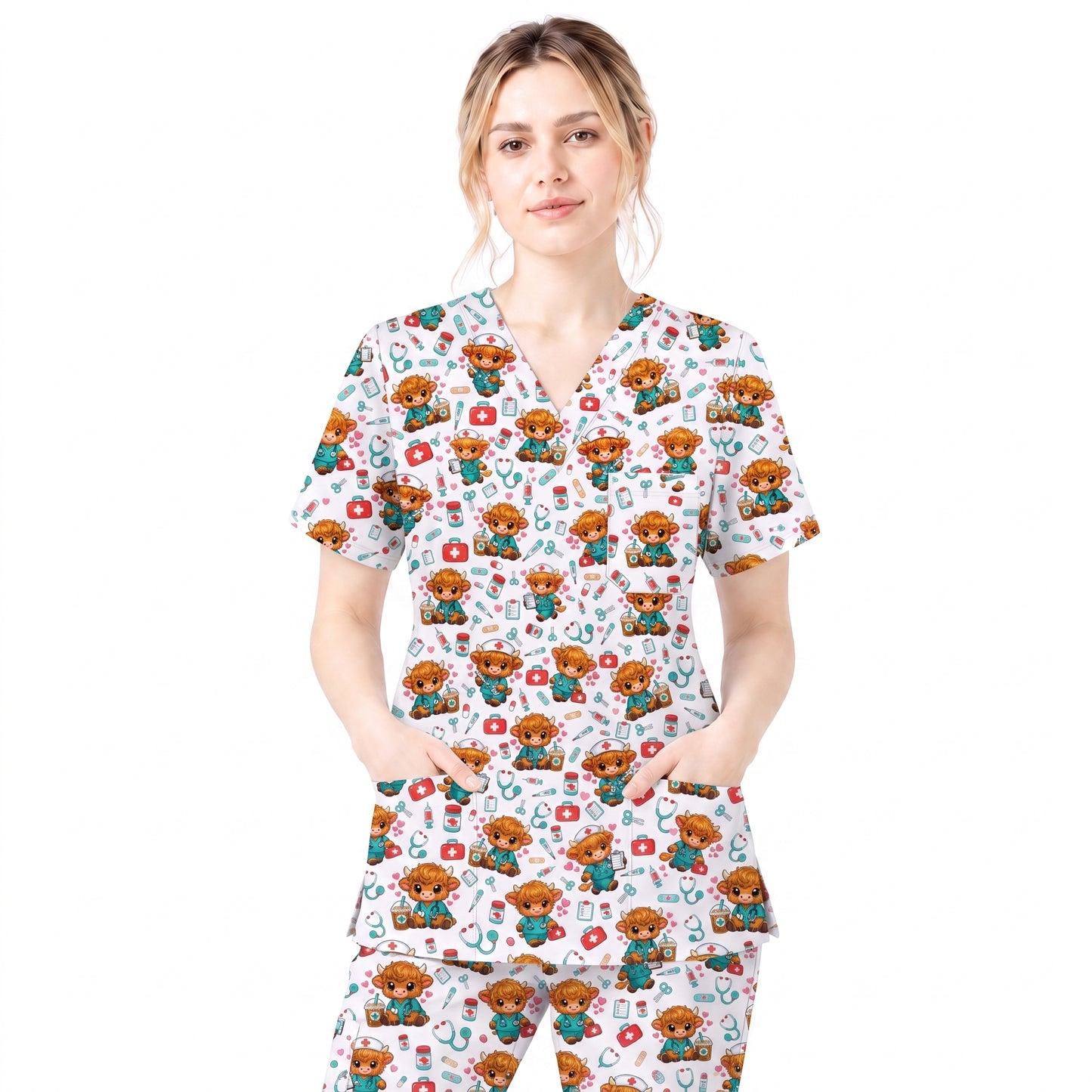 Cute Highland Cow Nurse Scrub Top, Kawaii Medical Pattern Shirt, Breathable Fabrics Nursing Uniform