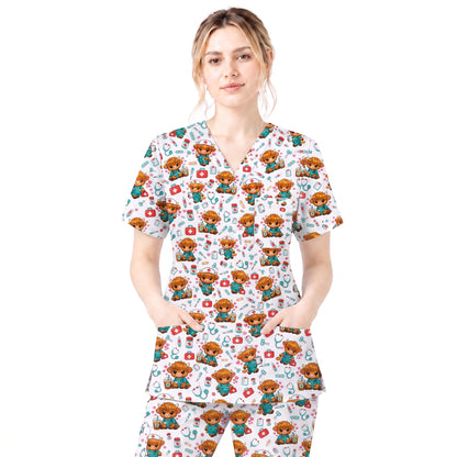 Cute Highland Cow Nurse Scrub Top, Kawaii Medical Pattern Shirt, Breathable Fabrics Nursing Uniform