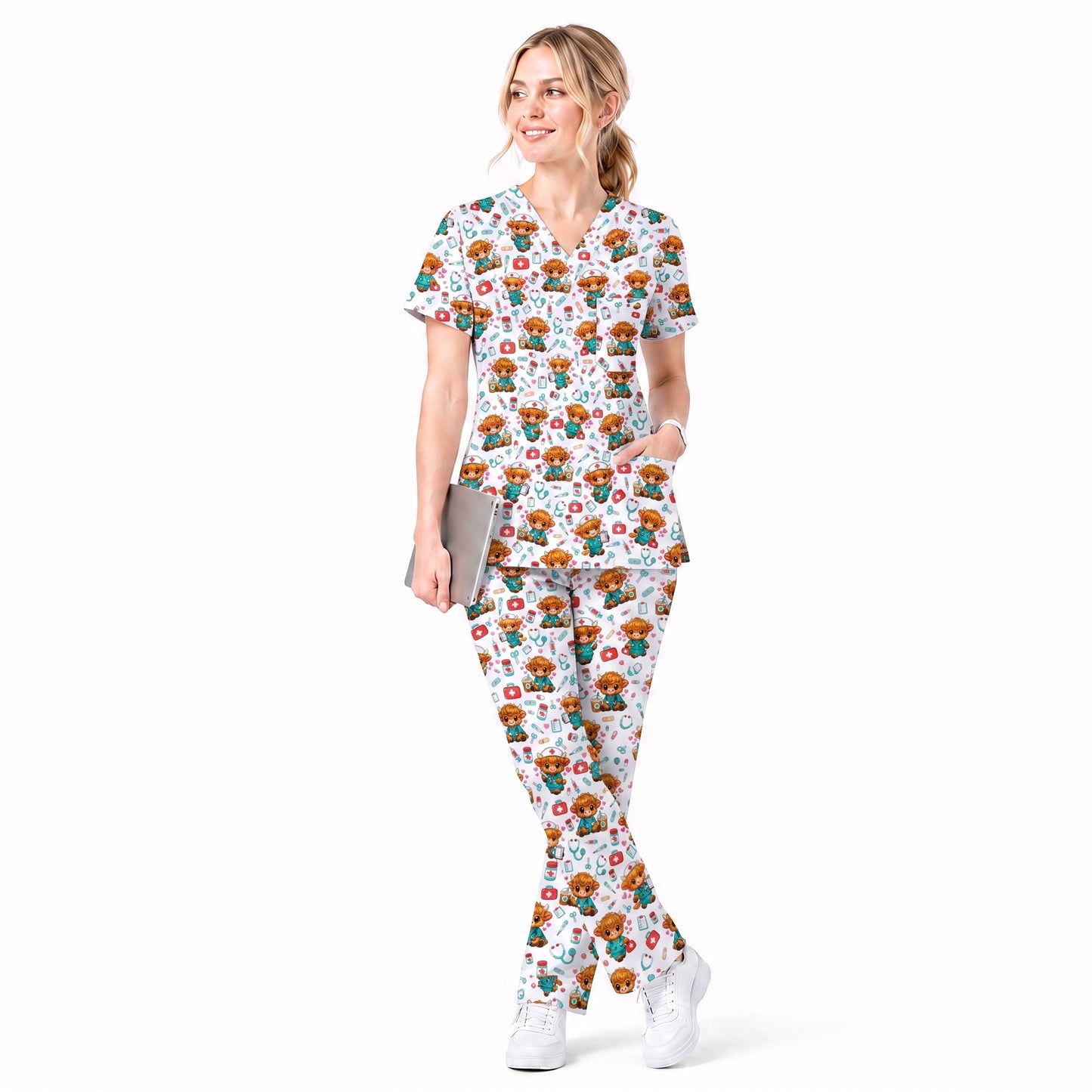 Cute Highland Cow Nurse Scrub Top, Kawaii Medical Pattern Shirt, Breathable Fabrics Nursing Uniform