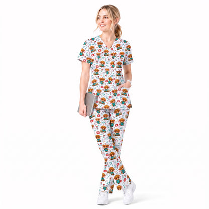 Cute Highland Cow Nurse Scrub Top, Kawaii Medical Pattern Shirt, Breathable Fabrics Nursing Uniform