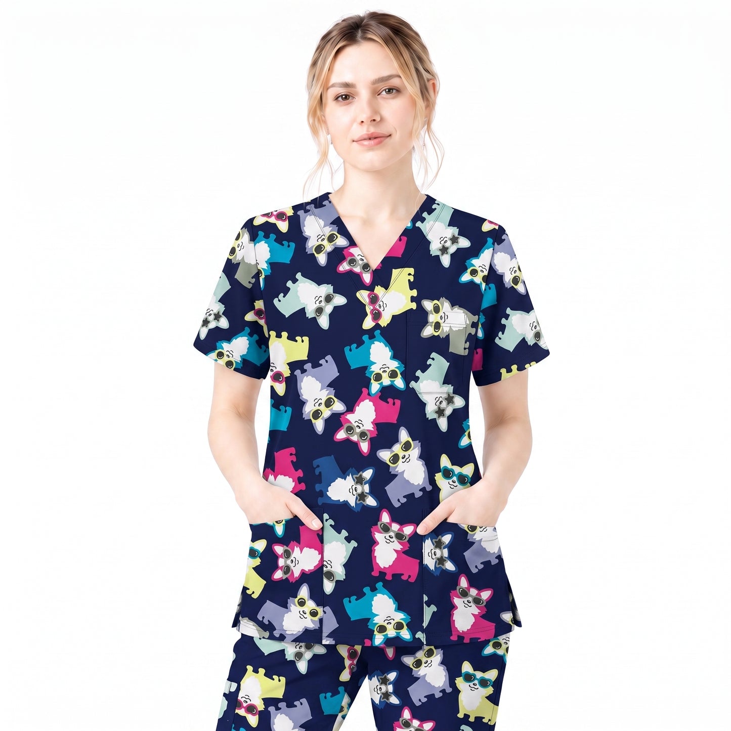 Funny Dog Print Scrub Top, Cute Puppy Pattern Nursing Uniform, Breathable Medical Scrubs for Women