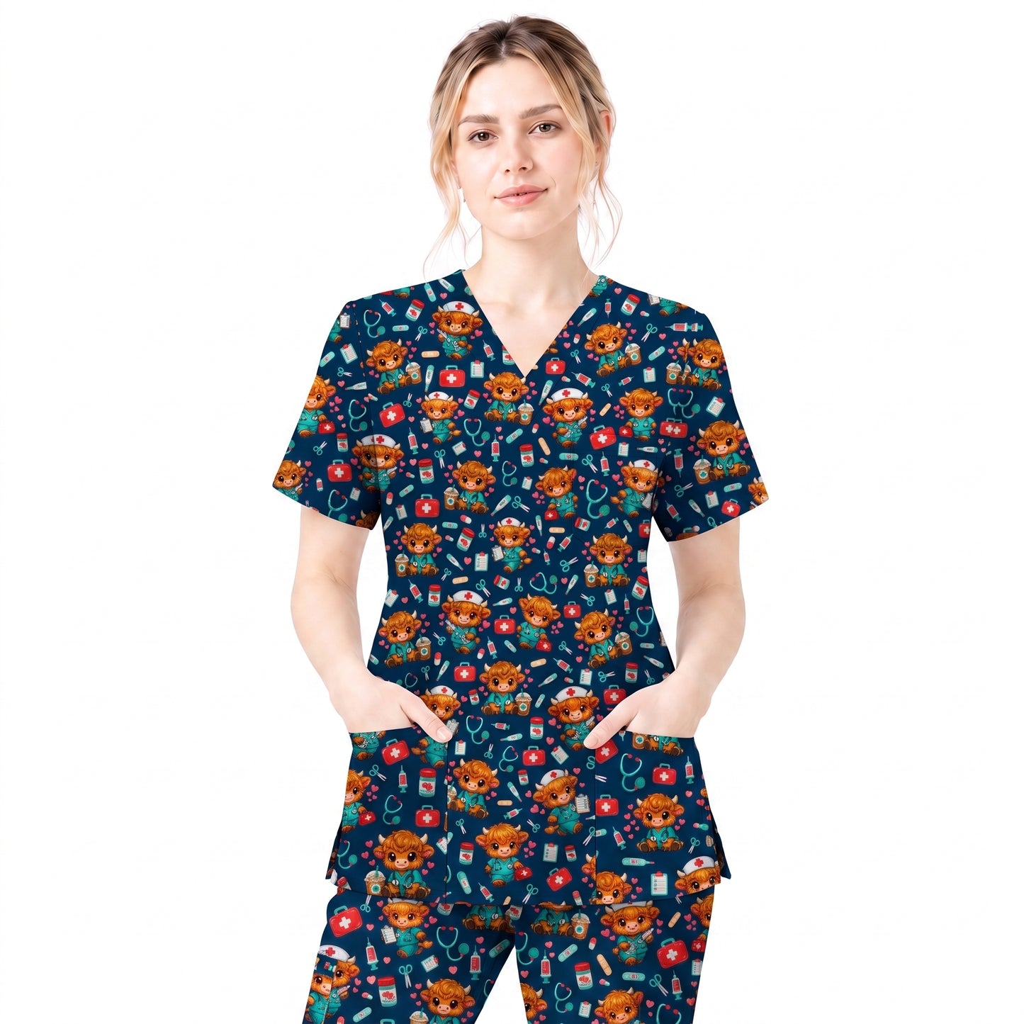 Cute Highland Cow Nurse Scrub Top, Kawaii Medical Pattern Shirt, Breathable Fabrics Nursing Uniform