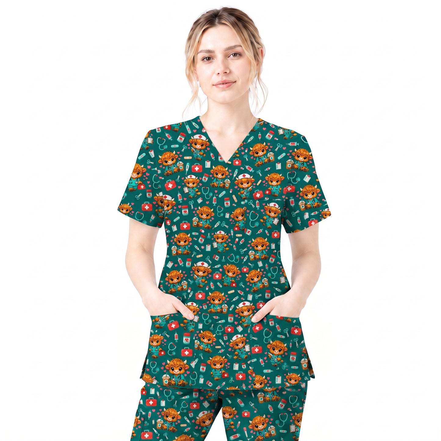 Cute Highland Cow Nurse Scrub Top, Kawaii Medical Pattern Shirt, Breathable Fabrics Nursing Uniform
