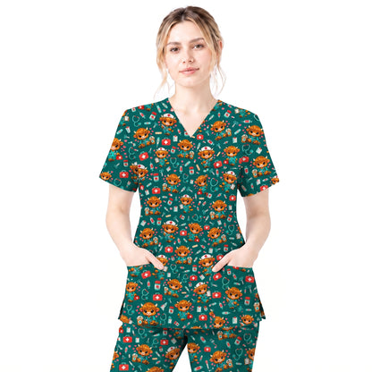 Cute Highland Cow Nurse Scrub Top, Kawaii Medical Pattern Shirt, Breathable Fabrics Nursing Uniform