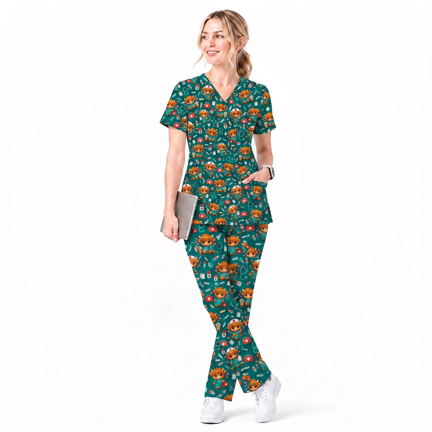 Cute Highland Cow Nurse Scrub Top, Kawaii Medical Pattern Shirt, Breathable Fabrics Nursing Uniform