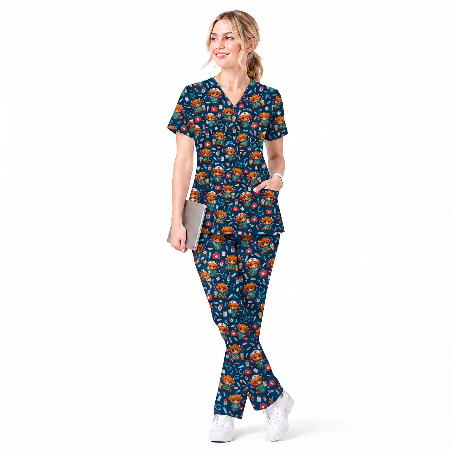Cute Highland Cow Nurse Scrub Top, Kawaii Medical Pattern Shirt, Breathable Fabrics Nursing Uniform