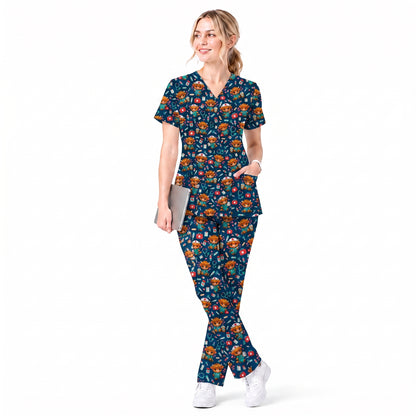 Cute Highland Cow Nurse Scrub Top, Kawaii Medical Pattern Shirt, Breathable Fabrics Nursing Uniform