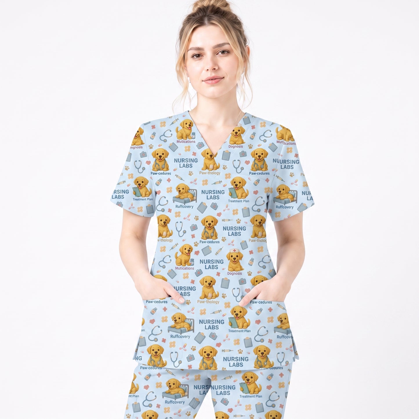 Labrador Nursing Scrub Top, Cute Dog Pattern Nurse Uniform, Comfortable Scrubs For Nurses